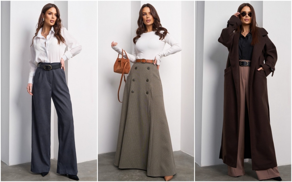 Three tailored daytime looks with trousers, skirt and coat