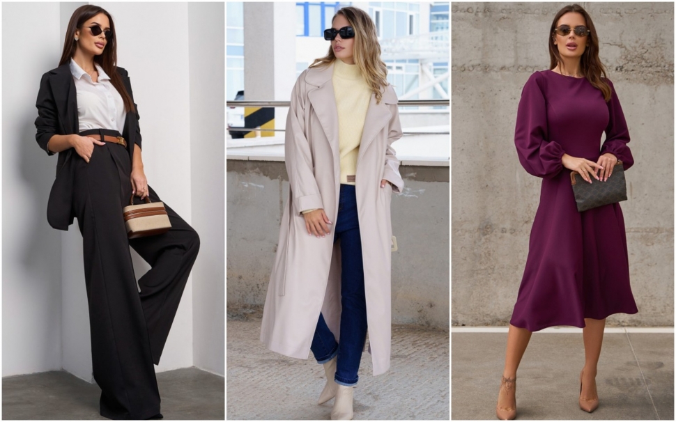 Layered autumn looks featuring a suit, trench coat and dress